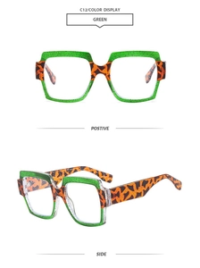 Detailed front and side views of oversized neon green and leopard print square sunglasses