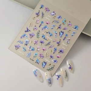 3D embossed floral nail art stickers with gold foil butterflies and purple flowers