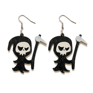 Creepy cartoon grim reaper wooden earrings with black finish for Halloween style