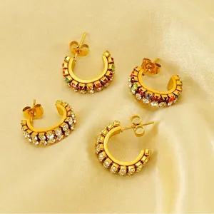C-Shaped Hoop Earrings 18K Gold Plated Stainless Steel Sparkling Double Row Rhinestone Jewelry For Women
