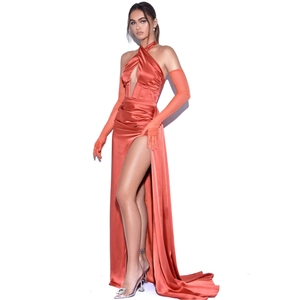 Rust red satin halter maxi dress with corset waist, thigh slit and matching gloves