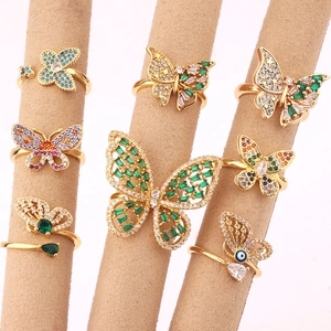 Butterfly Rings Gold Plated Copper Colorful Cubic Zirconia Adjustable Opening Fashion Luxury Jewelry For Women