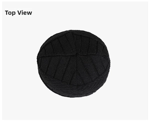 Top view of black ribbed knit beanie showing the premium texture and crown structure