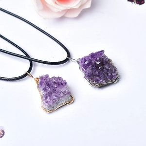 Handmade natural amethyst cluster pendant necklaces with gold and silver wire wrapping