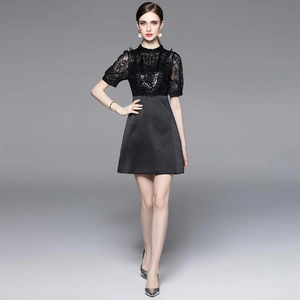 Elegant black A-line dress with lace bodice, sequin details and smooth satin skirt