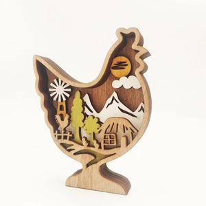 Handcrafted layered wood rooster ornament featuring rustic village scenery carving