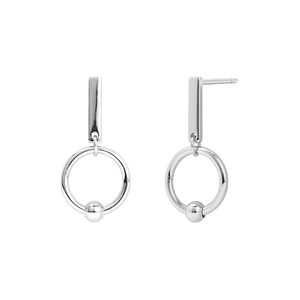 Detailed view of silver S925 earrings with geometric hollow rectangles and hanging circles