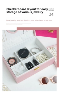Interior detail of a pink corduroy jewelry box with multi-grid layout for cosmetics.
