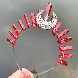 Handmade red crystal crown headband with silver hollow moon and hexagonal quartz stones