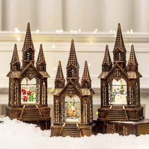 Christmas Snow Globe Lantern Vintage Bronze Gothic Church Musical LED Lighted Santa Snowman Holiday Desktop Decoration
