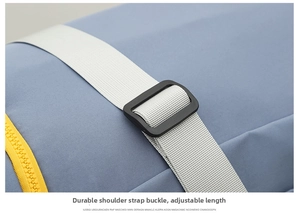 Travel bag strap detail, durable adjustable buckle and secure zipper design for daily use.