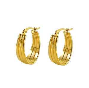 Detail of 18k gold plated stainless steel hoop earrings with triple layered ribbed design