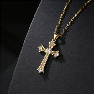 Cross Pendant Necklace Gold Plated Copper With Cubic Zirconia INS Style Religious Jewelry For Women