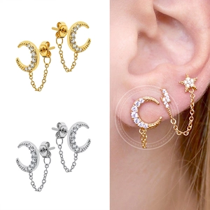 Sparkling zircon moon and star tassel earrings with chain in gold and silver plating