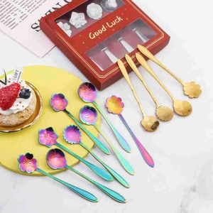 Floral stainless steel coffee spoon gift set with colorful petal-shaped stirrers in red box