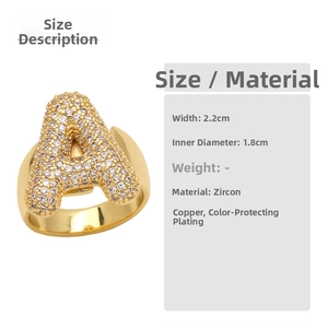 Size chart showing 2.2cm width and 1.8cm inner diameter for zircon gold letter ring