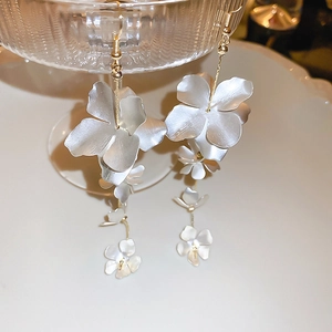 Detail of silver metallic flower earrings featuring long tassel chains and matte petals