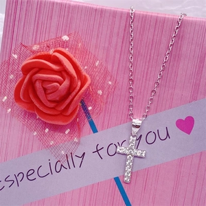 Sparkling S925 sterling silver cross necklace with zirconia in a pink gift box