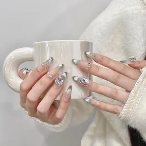 Handmade Press On Nails Silver Glitter Gradient Luxury Rhinestone Butterfly Elegant Bridal Almond Fake Nails