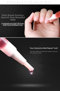 Macro shot of nail cuticle oil pen brush with pink botanical repair essence drop