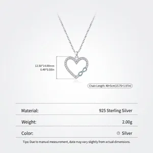 925 Sterling Silver Heart Pendant Necklace with Mobius infinity design and pavé crystals