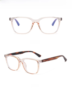 Champagne square frame glasses with tortoiseshell temples in front and side views