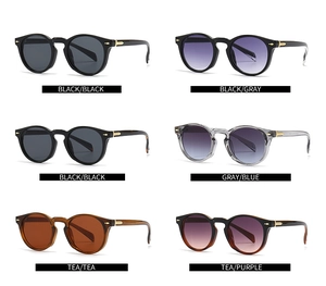Detail view of round vintage sunglasses in six diverse color options and premium frames