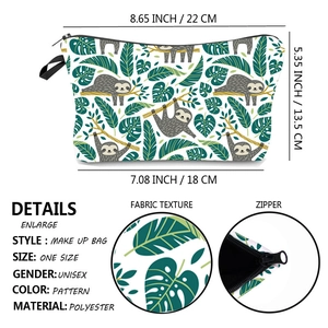 Detailed size chart and fabric close-up for tropical sloth print polyester makeup bag