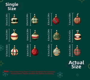 Detailed size specifications for individual Christmas ball wall stickers shown in a grid
