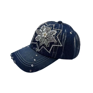 Deep blue denim baseball cap with sparkling rhinestone star and washed vintage finish