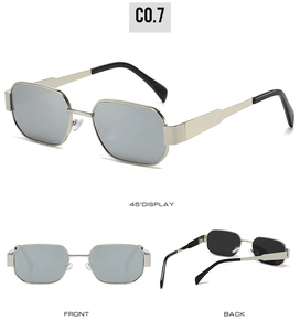 Multiple views of silver polygonal metal sunglasses with gray lenses and black ear tips