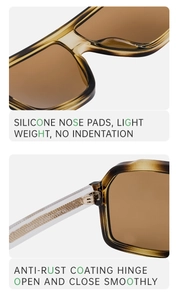 Detail of soft silicone nose pads and smooth metal hinges on amber square sunglasses
