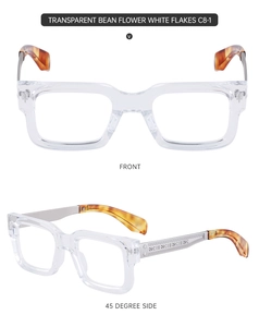 Front and side view of square transparent glasses frames with tortoiseshell temples