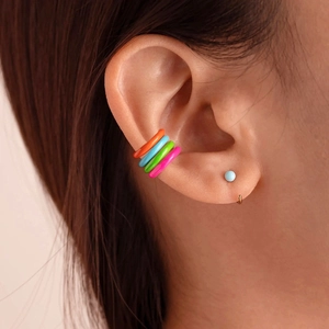Set of four colorful S925 silver enamel ear clips in orange, blue, green and pink