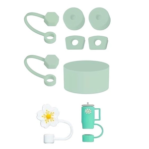 Set di accessori in silicone per bicchieri con copri-cannuccia e tappi antifuori.