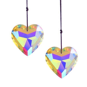 Rainbow heart crystal prism pendants with faceted suncatcher beads and brown hanging cords