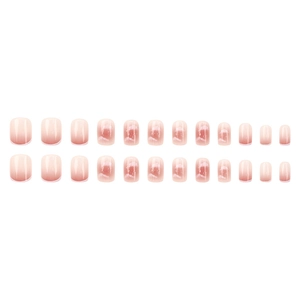Square round pink and white gradient press-on nails with cute white cloud patterns