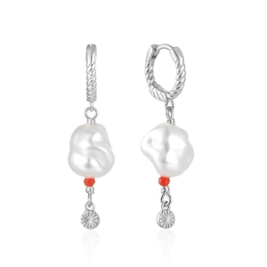 Close-up of S925 silver twist hoop earrings with baroque pearls and star pendants