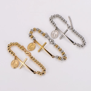 Religious beaded stainless steel bracelets with cross and Virgin Mary medal charms