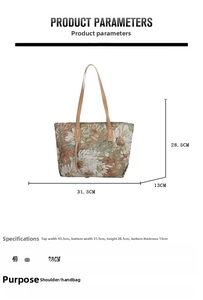 Detailed size chart of floral tote bag showing width 43.5cm and height 28.5cm specs