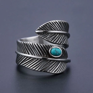 Vintage Feather Ring Stainless Steel With Turquoise Retro Adjustable Open Band Bohemian Ethnic Style Jewelry