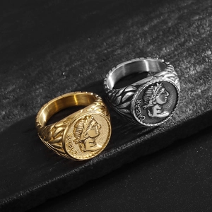 Retro Roman Empire Julius Caesar Portrait Coin Ring Men Titanium Steel Electroplated Personalized Caesar Lettering Signet Ring Jewelry