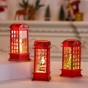 Red Christmas phone booth lanterns with Santa, snowman, and LED swirling glitter light