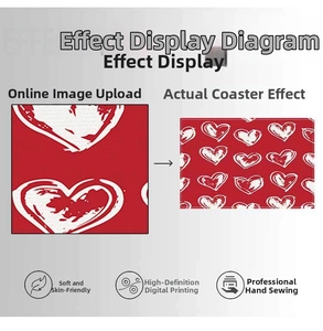 Linen table mat detail with red heart print featuring high-definition digital printing