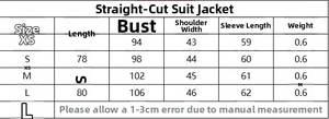 Guide des tailles détaillé pour blazer coupe droite avec mesures allant du XS au L