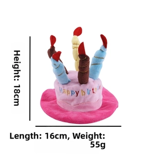 Pink plush birthday cake pet hat with colorful candles and embroidered text