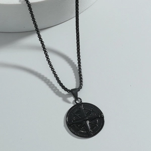 Compass pendant necklace with black beaded chain in a punk vintage style