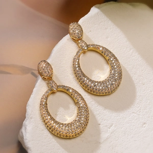 Exquisite 18K gold plated geometric oval drop earrings with shimmering pavé zircon stones