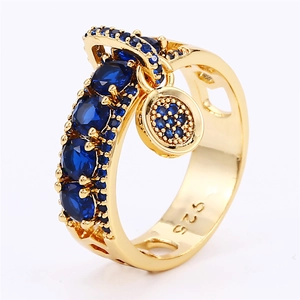 Gold plated S925 silver ring featuring rotating navy blue gemstone disc pendant