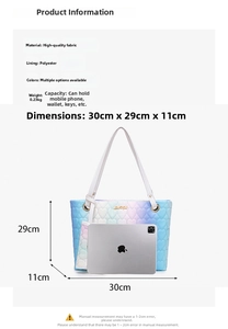 Detail view of heart embroidered gradient tote bag showing dimensions 30x29x11cm